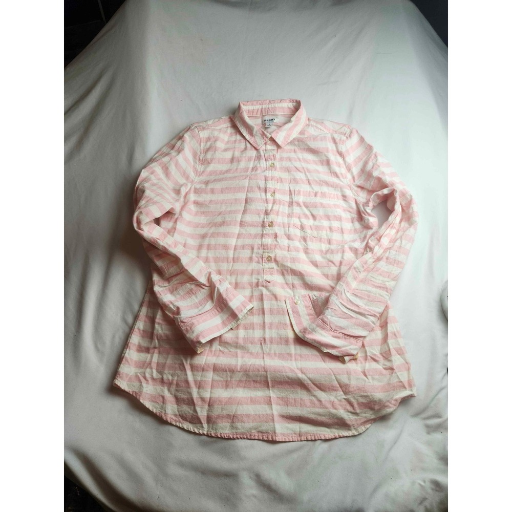 Old Navy Pink White Striped Linen Blend Button Down Tunic Top Womens Size L